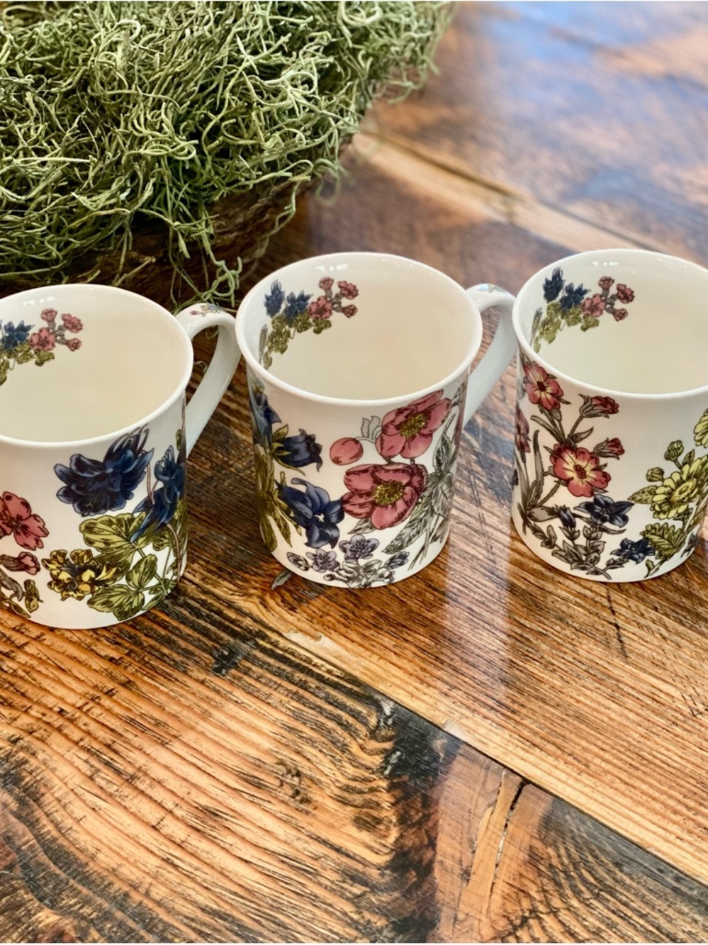 Floral Porcelain Mugs and Tea Pot w/ Floral Motif Design Made in India